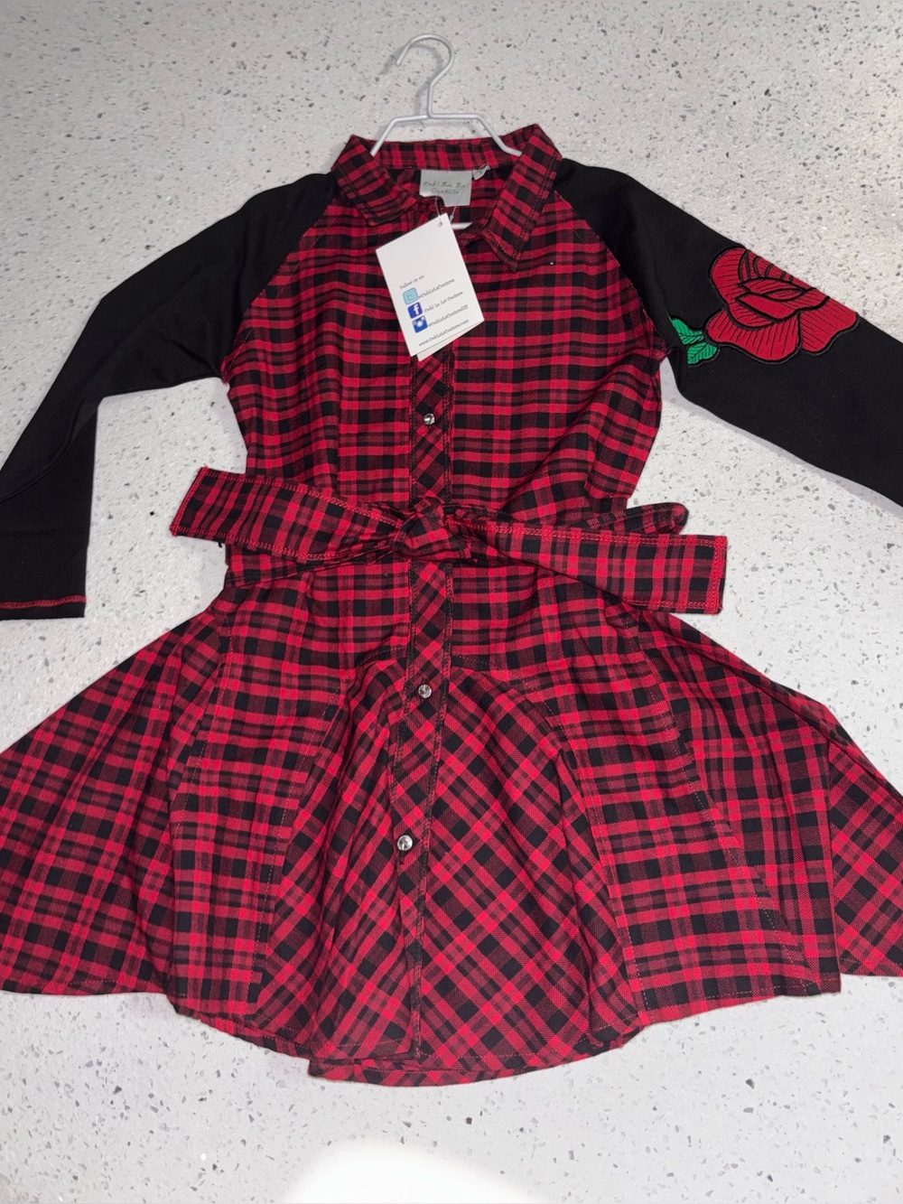 Ooh! La, La! Couture Red Plaid Shirt Dress with Rose Sleeve